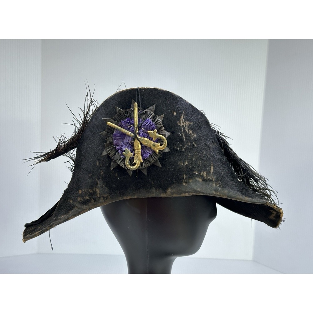 Antique Original Bicorne Fore & Aft Hat Military Navel Original Feathers